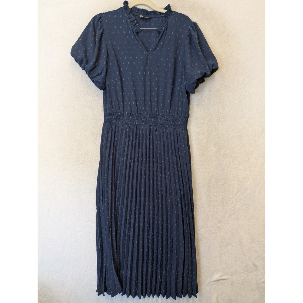 PrettyGarden Midi Dress Women's Medium Navy Pleated Swiss‎ Dot Puff Sleeve